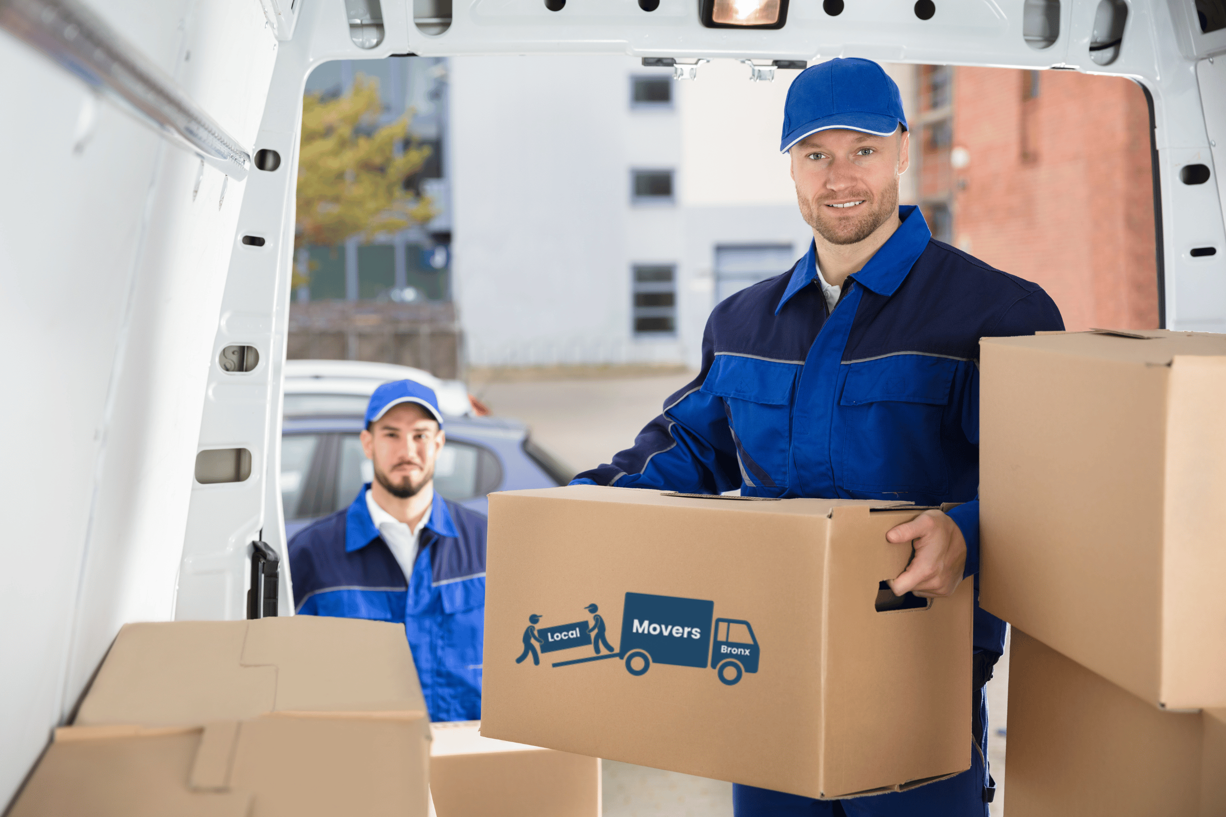 Professional Local Movers Bronx team loading moving boxes into a truck in a residential neighborhood