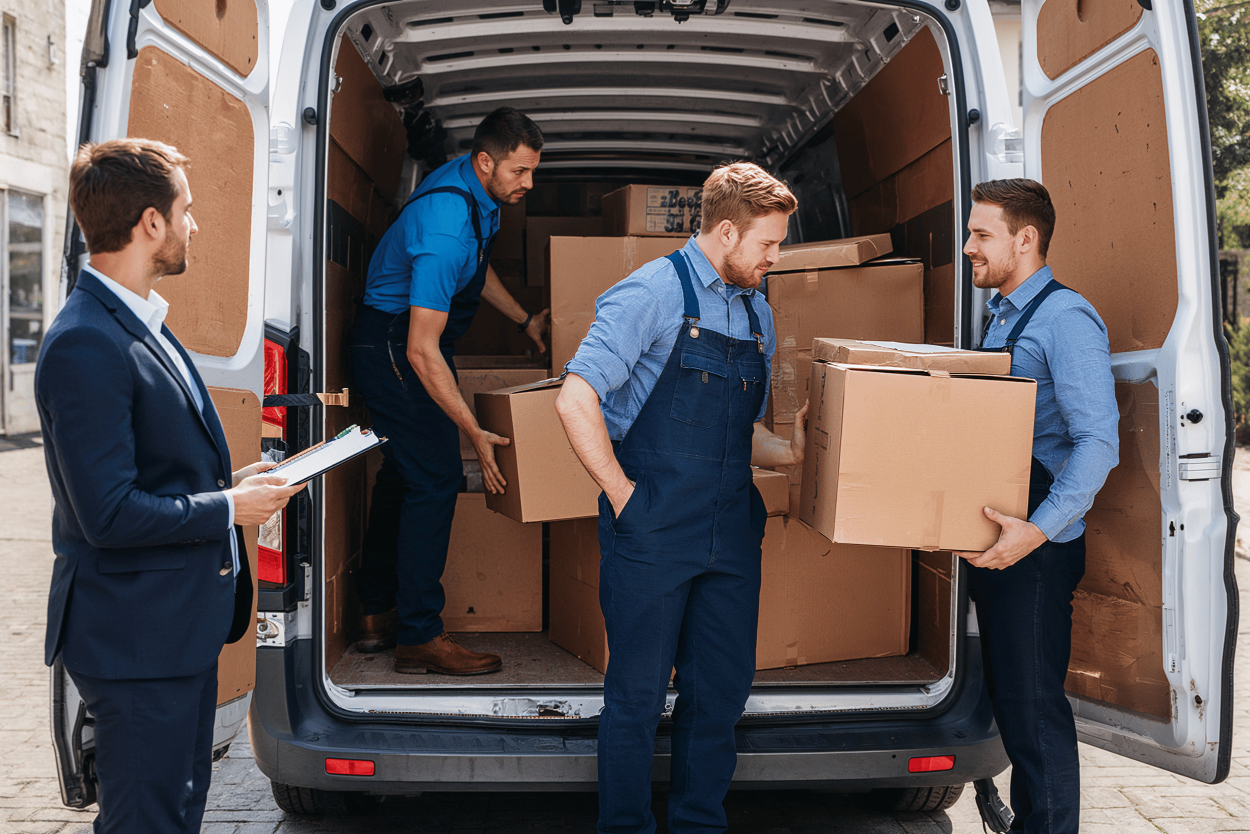 Professional movers in the Bronx loading and organizing boxes inside a moving van